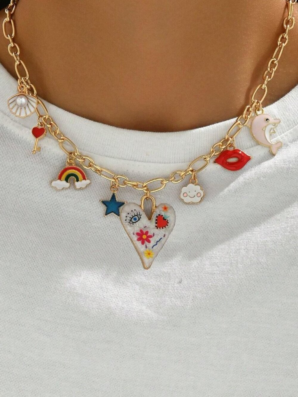 Colorful Heart Charm Necklace Rainbow Dolphin Lips Gold Tone